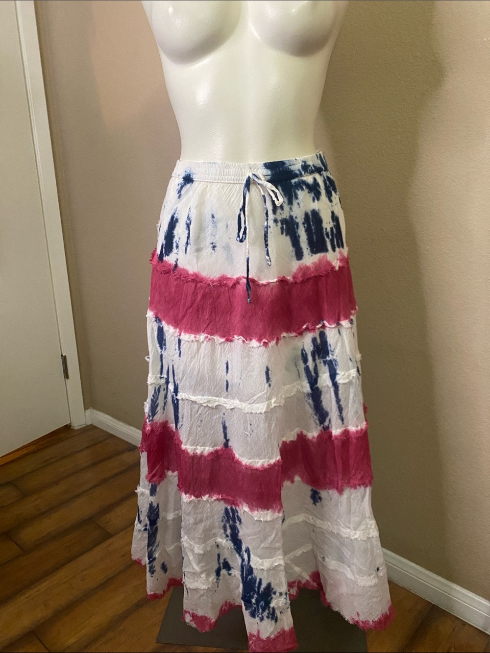 Metrowear Red white & blue cotton boho Tie-Dye Tiered Maxi Skirt